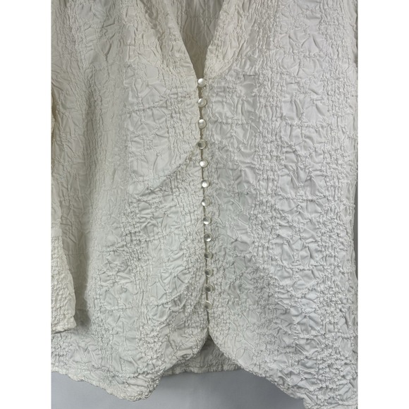 GO SILK Cream Puckered Smocked Blouse M Romantic Boho Victorian Loop Button Top - Picture 2 of 11